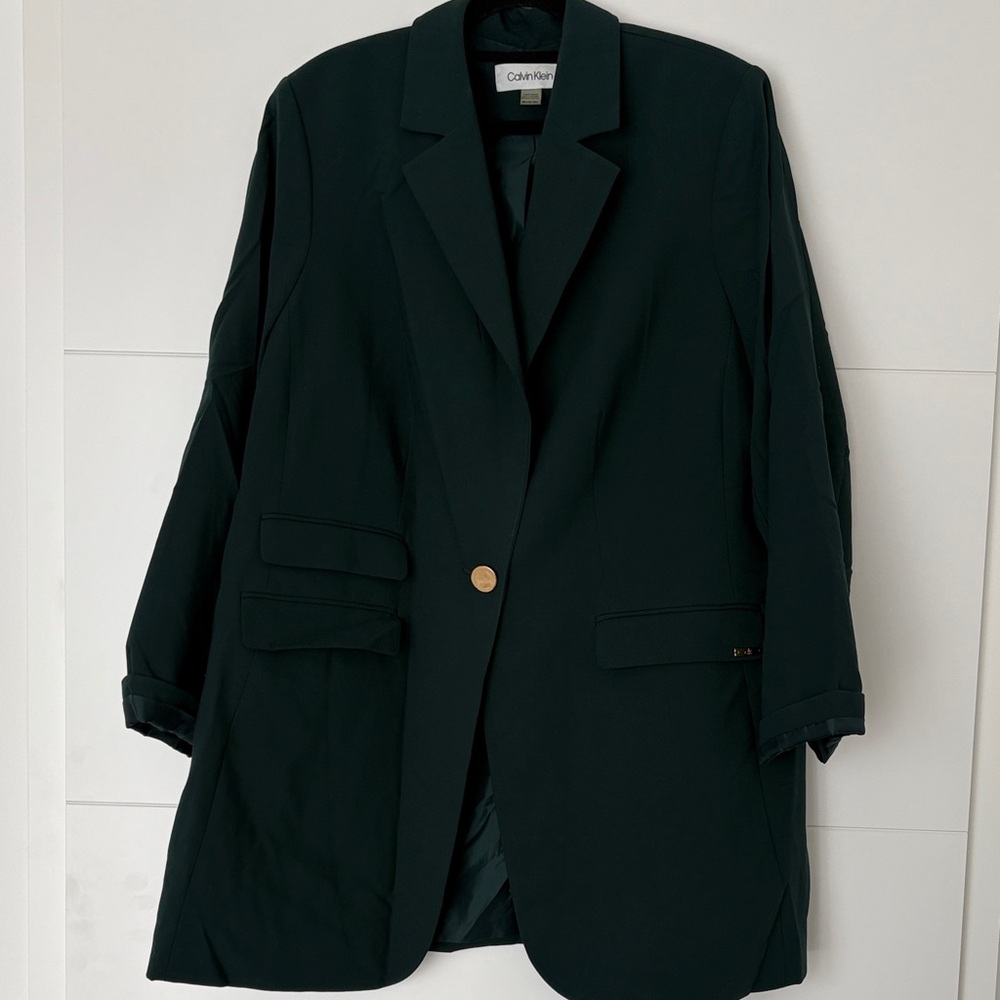 Calvin Klein Women's Dark Green Single-Button Long Blazer with Gold Button